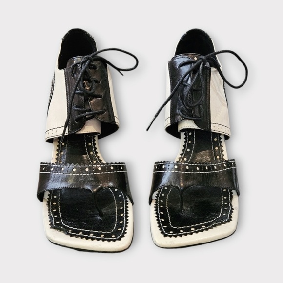 Sue Wong Black and White Leather Square Toe Platform Heeled Lace Up Shoes - Picture 3 of 8